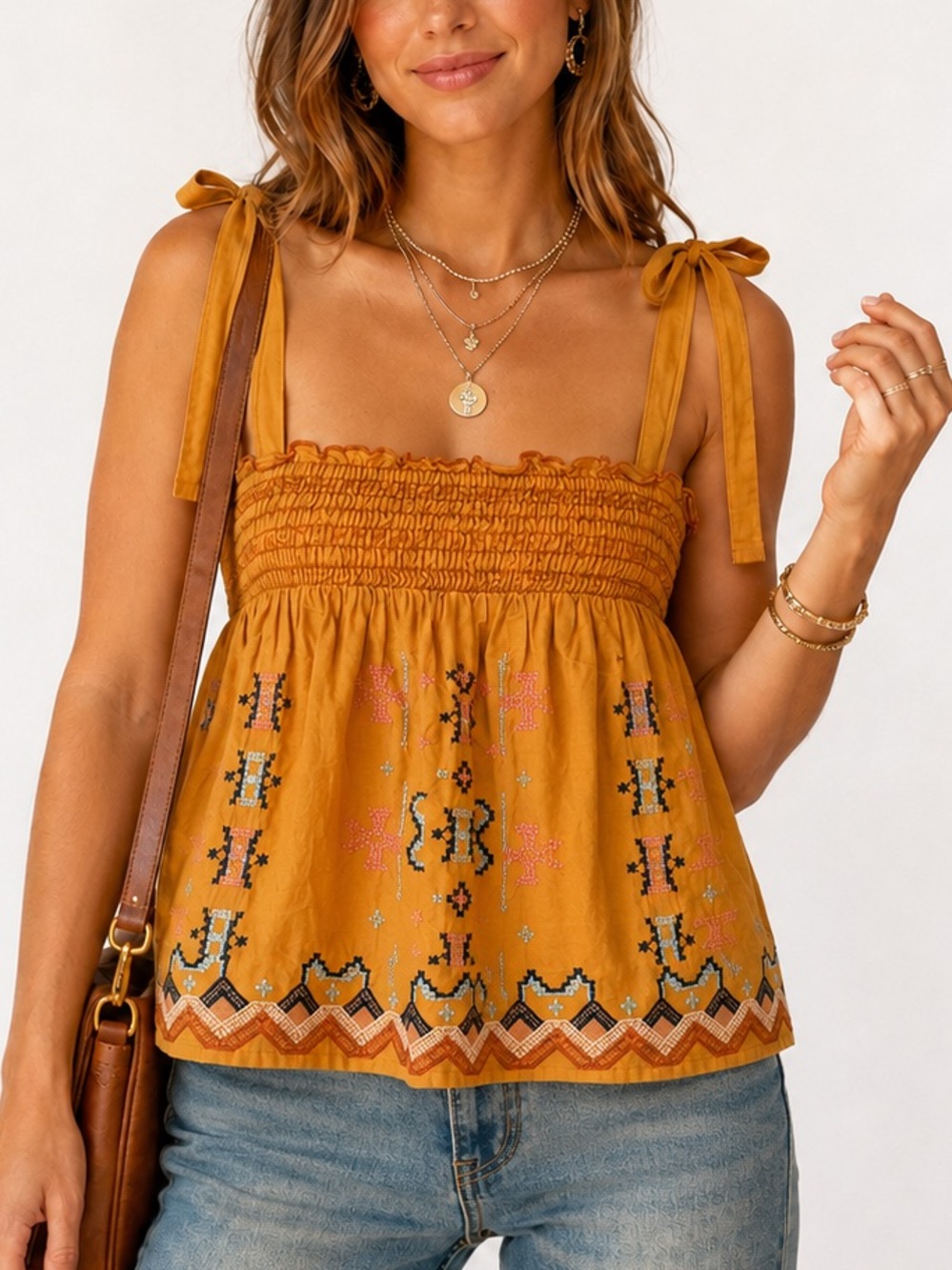 Rachel Zoe Embroidered Smocked Tie Strap Boho Babydoll Cami Top Medium